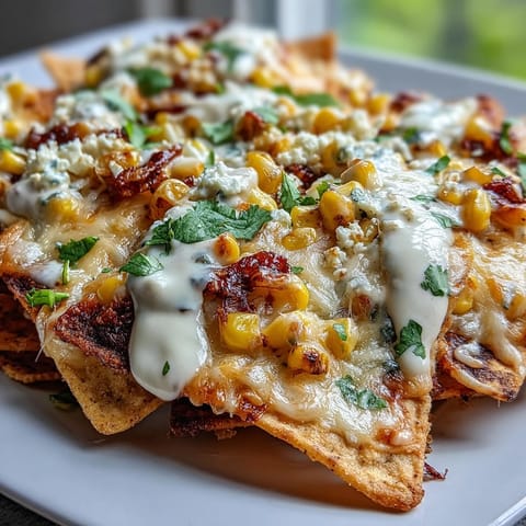 Cinco de Mayo Elote Nachos with Chipotle Crema: Crispy tortilla chips loaded with charred corn, melted cheese, and smoky chipotle crema drizzle.  