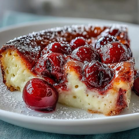 Fresh Cherry Clafoutis: tender cherries baked in golden, eggy vanilla bean custard.