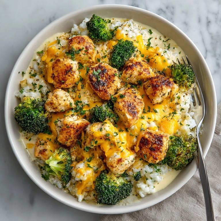 Comforting Cheesy Chicken and Broccoli Skillet served hot, garnished with parsley and extra melted cheddar cheese.