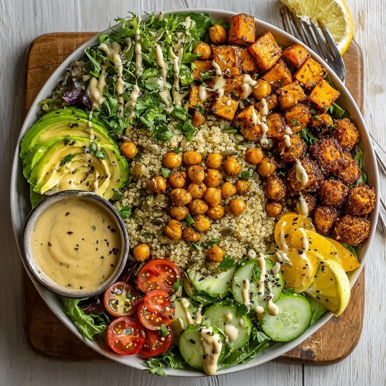 Hearty Crispy Chickpea and Sweet Potato Buddha Bowl garnished with pumpkin seeds and bright veggies.