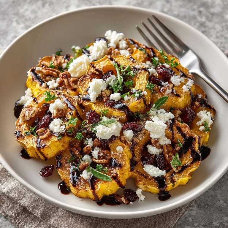 Maple-balsamic roasted delicata squash rings topped with cranberries, pecans, and fresh sage, perfect for autumn gatherings.
