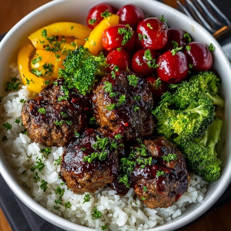 Close-up of the mouthwatering, sweet-and-savory Cherry-Coded Black Cherry BBQ Meatball Bowls, perfect for a weeknight supper.