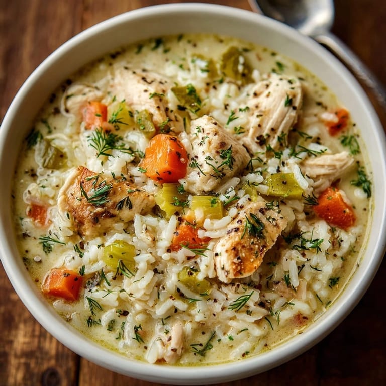 A steaming bowl of One-Pot Pickle Ranch Chicken & Rice Soup, topped with fresh dill and pickles.