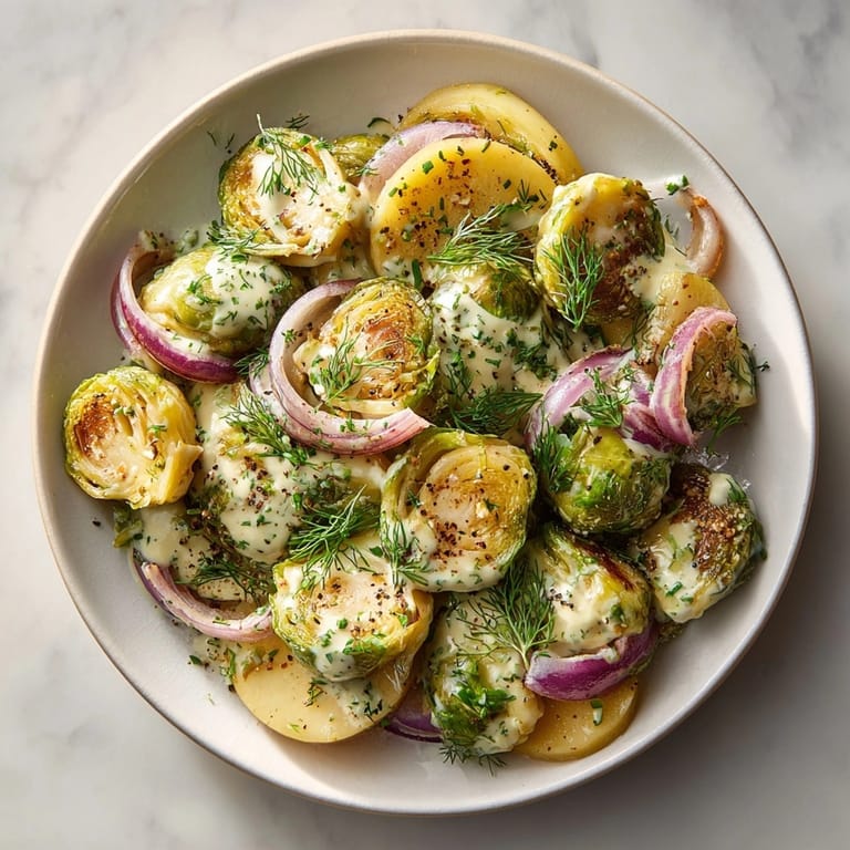 A delicious vegetarian plate of sheet-pan Brussels, apples and dill pickle ranch, perfect for dinner.