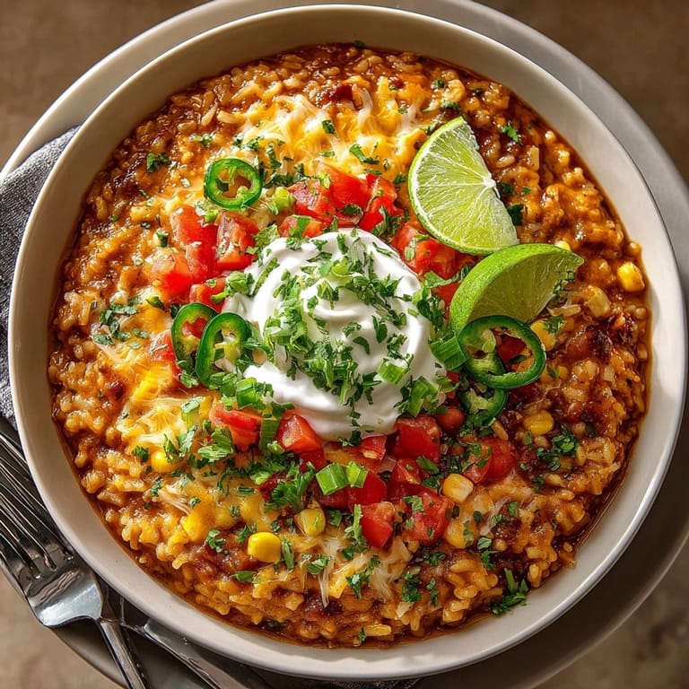 Close-up of the One-Pot Creamy Enchilada White Beans & Rice showcasing the creamy sauce and tender rice.