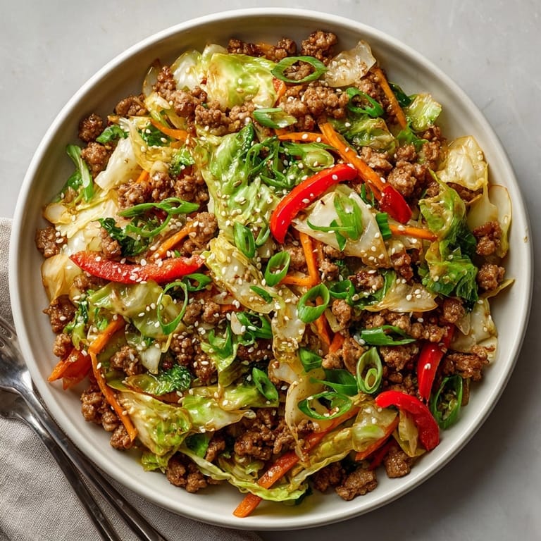 Close-up view of the delicious 20-Minute Maple Dijon Turkey & Cabbage Stir-fry; a healthy, gluten-free dinner.