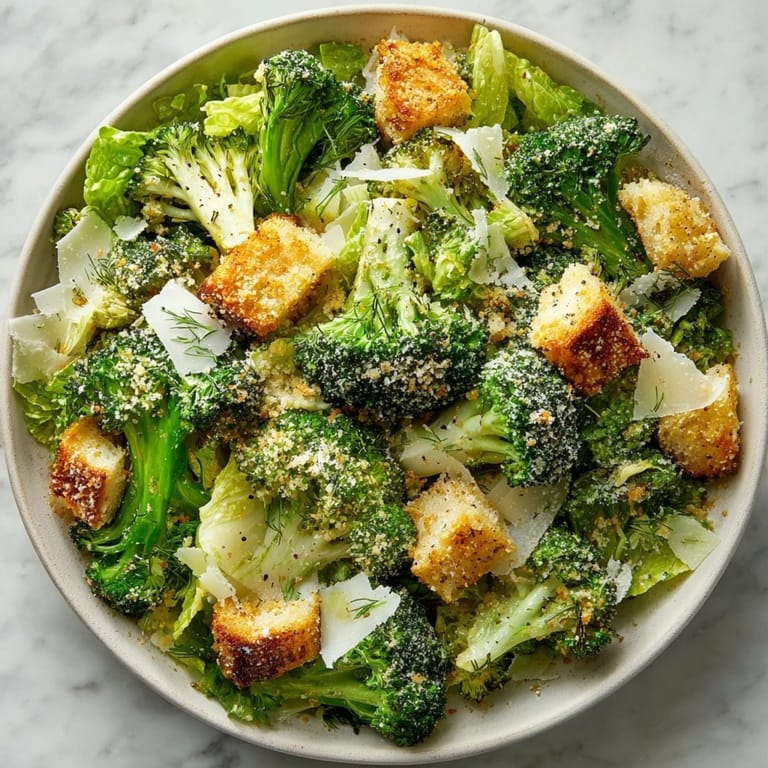 Close-up of a bright and delicious Roasted Broccoli Caesar, full of fresh flavors.