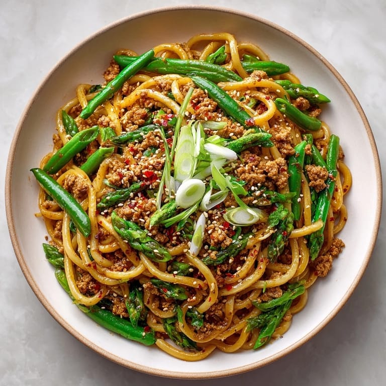 Colorful platter of 20-Minute Garlic Butter Turkey & Green Bean Udon, ready for a delicious dinner.