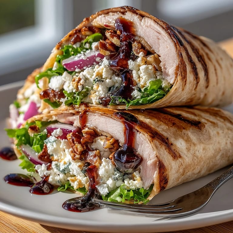 A delightful close-up of cherry balsamic glazed turkey wraps, showcasing the fresh ingredients layered inside.