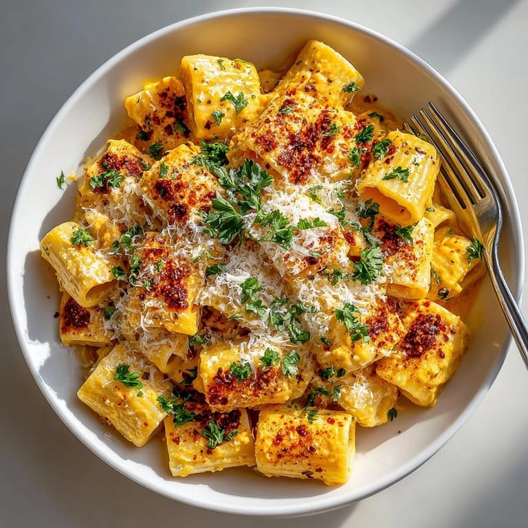 A close-up of creamy spiced pumpkin cream cheese pasta with visible spices, ready to eat now.