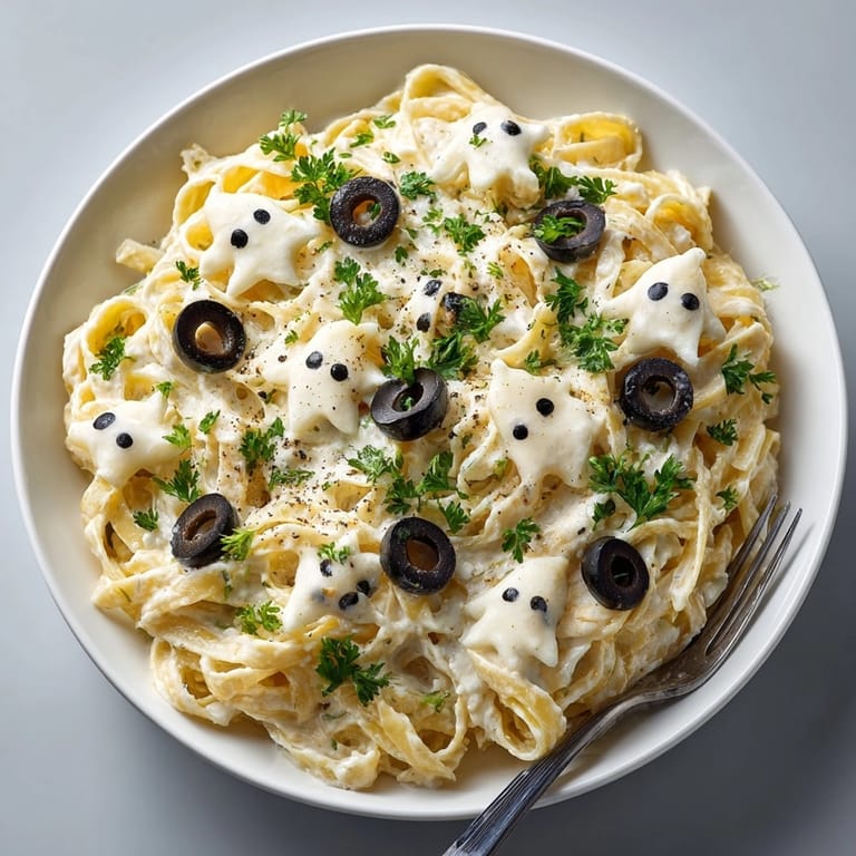 Homemade Halloween Ghostly White Sauce Pasta: a comforting, delicious, and festive Italian-American meal.