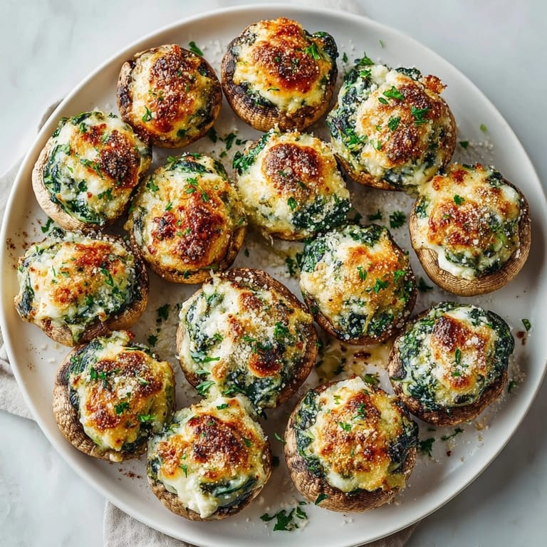 Enjoy a close-up of creamy Spinach Artichoke Stuffed Mushrooms, perfect for any special occasion.