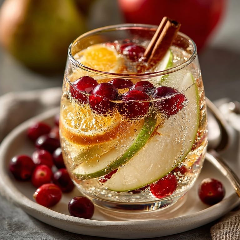This refreshing Spiced Apple Cider Sangria recipe features colorful fruit slices floating in a clear, spiced beverage.