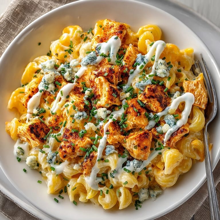 Indulge in the rich flavors of Buffalo Chicken Mac, a baked macaroni dish served in a bowl.