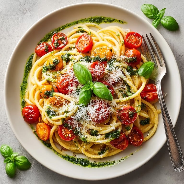 Close-up image: Perfectly cooked Cherry Tomato Burst Pasta, topped with basil and parmesan.