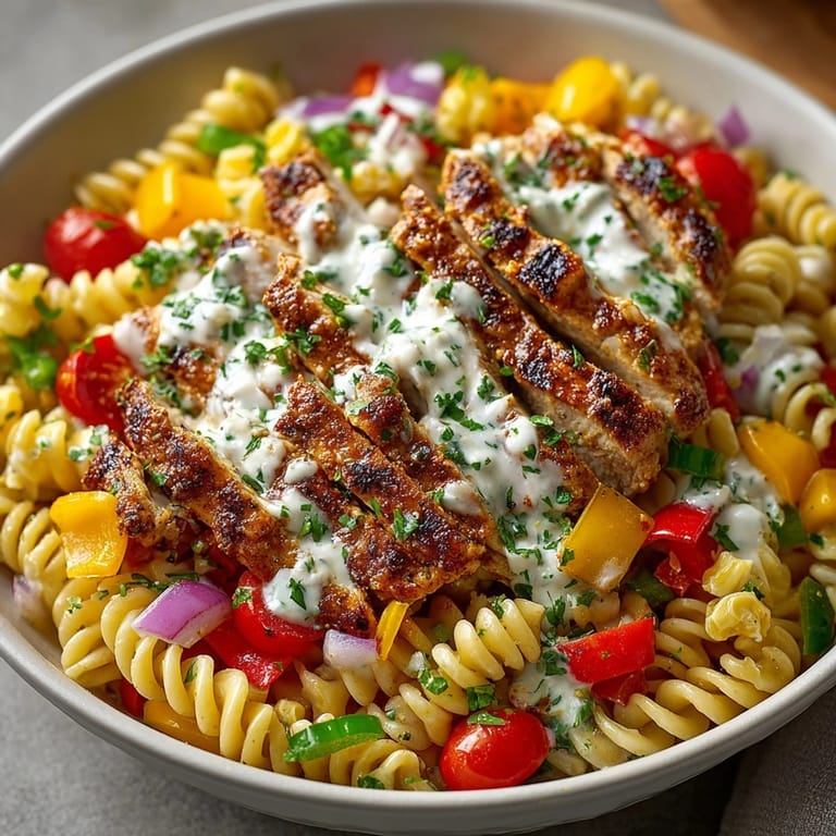 Close-up of Cajun Chicken Pasta Salad featuring juicy spiced chicken tossed with vibrant pasta and veggies.
