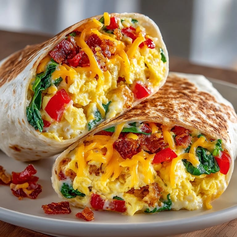 Close-up of a breakfast wrap with scrambled eggs and cheese, packed with fresh veggies.