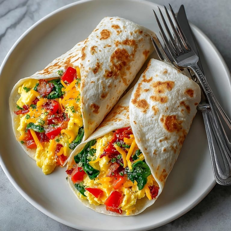 Golden breakfast wrap brimming with scrambled eggs, melted cheese, and vibrant spinach filling.