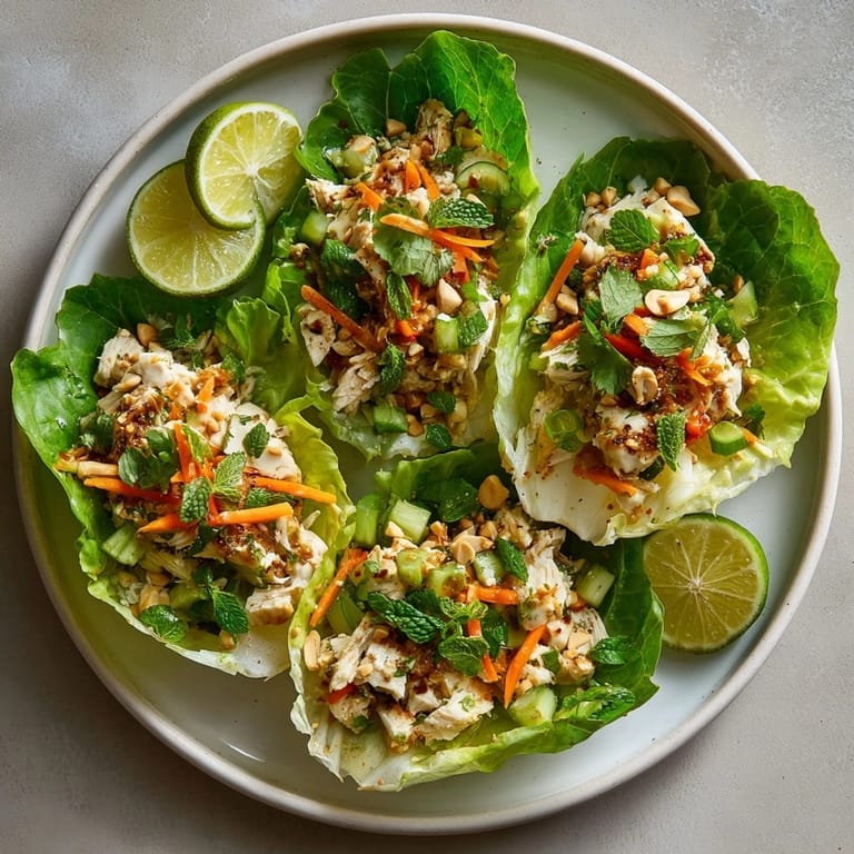 Close-up of Thai Peanut Chicken Lettuce Cups garnished with fresh herbs and roasted chopped peanuts.