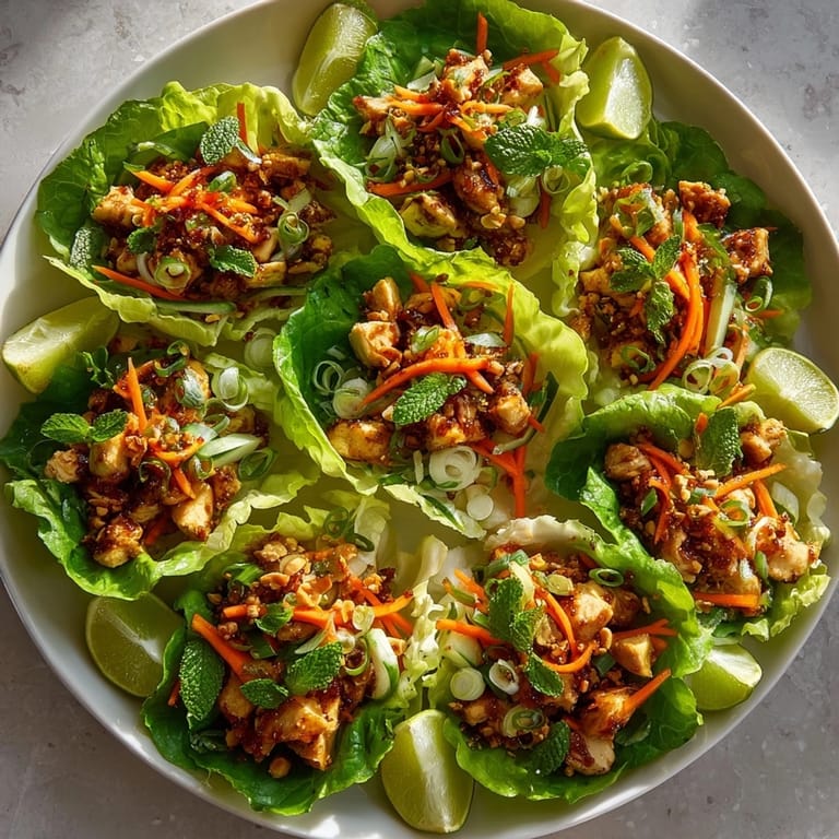 Vibrant Thai Peanut Chicken Lettuce Cups served on a platter with lime wedges and colorful veggies.