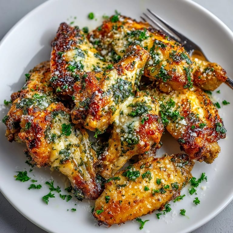 Baked garlic Parmesan chicken wings tossed in savory cheese sauce, ready for snacking or parties.