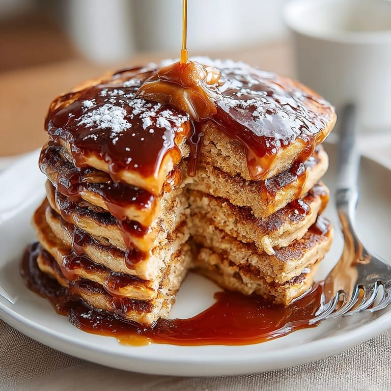 Close-up of warm protein pancakes with peanut butter syrup, creamy topping melting over hearty, high-protein bites.