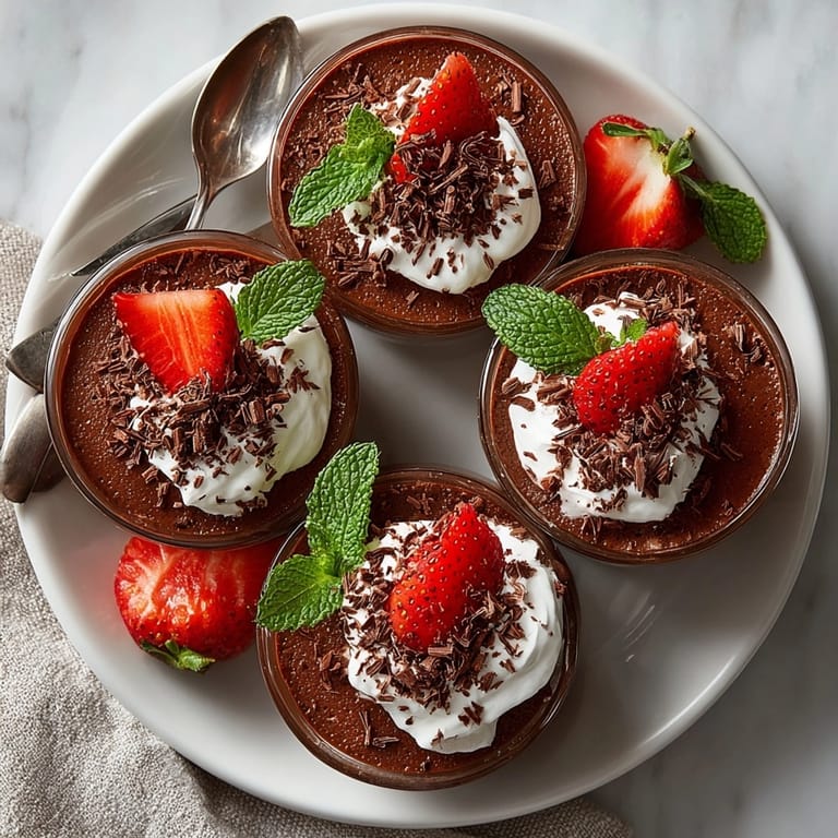 Rich and creamy chocolate avocado mousse cups, chilled and ready as a vegan, gluten-free dessert.
