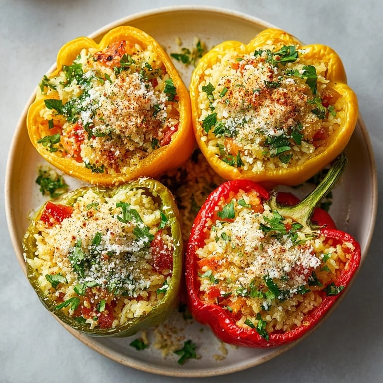 Closeup of savory shrimp and rice stuffed peppers, steam rising from freshly baked bell peppers.