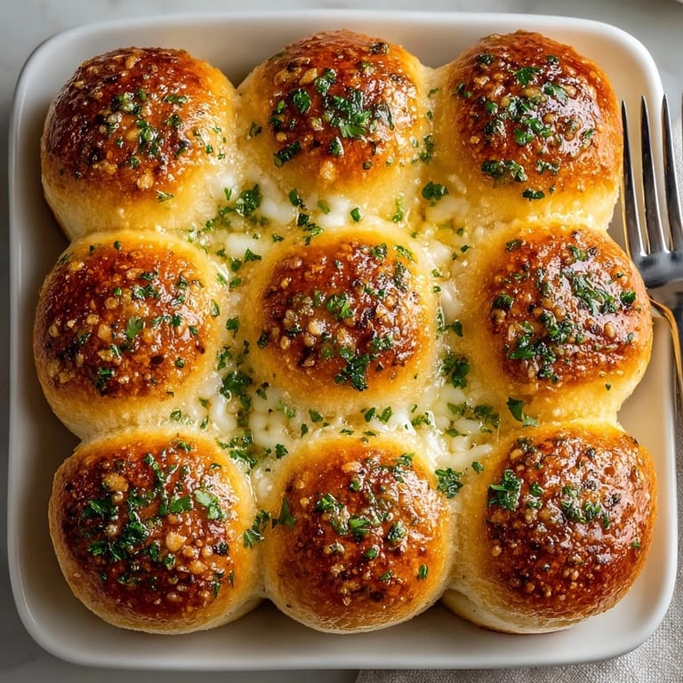 Plush Cheesy Garlic Pull-Apart Dinner Rolls oozing cheese, topped with fresh parsley and butter glaze.