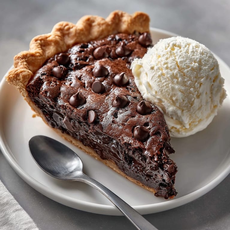 Warm slice of Hot Fudge Pie served with melting vanilla ice cream, ready to enjoy.