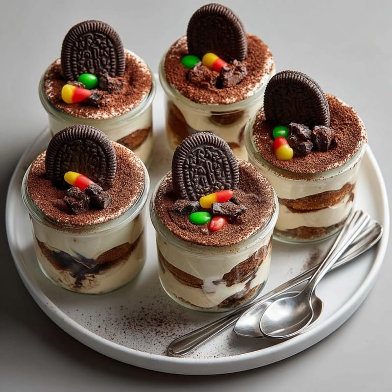 Individual Graveyard Tiramisu Cups, a rich coffee dessert; enjoy chilled & garnished with spooky candies.