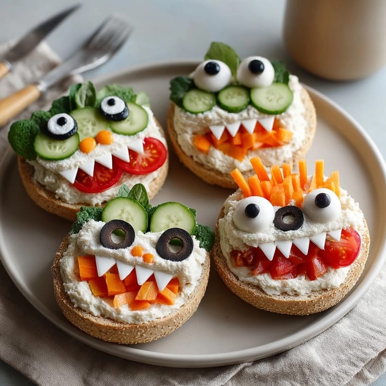Whimsical Monster Face Bagels snack: cream cheese slathered, veggie features create silly faces.