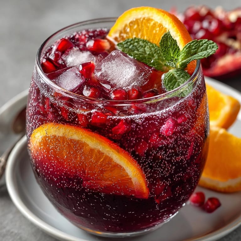 Chilled Sparkling Pomegranate Punch in a pitcher with fresh fruit, bubbles inviting.