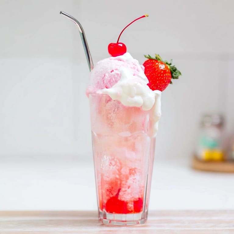 Frothy, sweet Cupid Float drink with fresh strawberries, ready for Valentine&amp;rsquo;s Day.