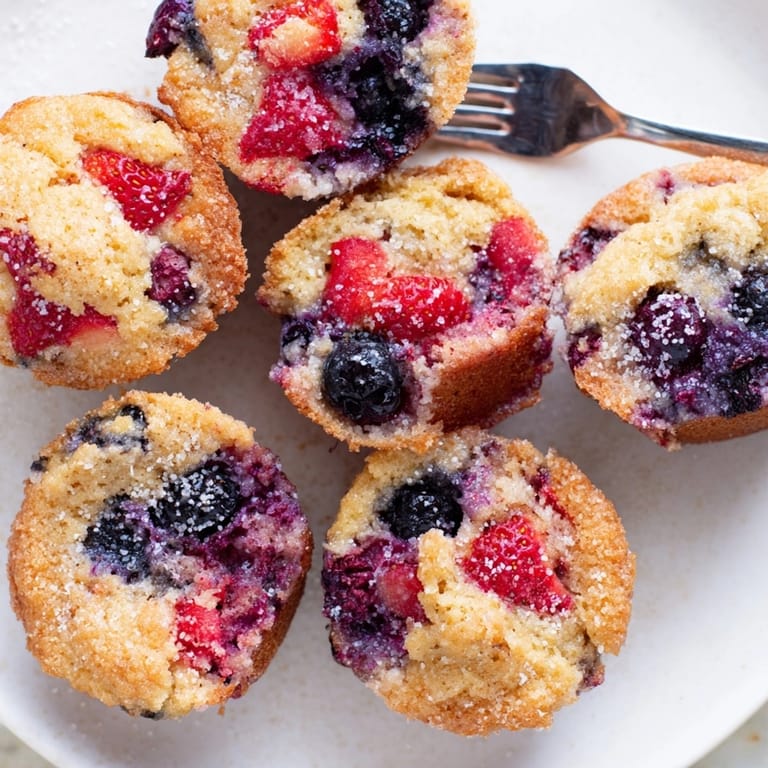 Close-up on a Protein Mixed Berry Muffin Top, showing moist texture and colorful berries.