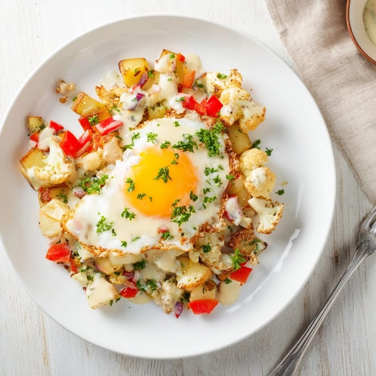 Easy and hearty Alfredo Cauliflower Breakfast Hash recipe with roasted vegetables and soft eggs.