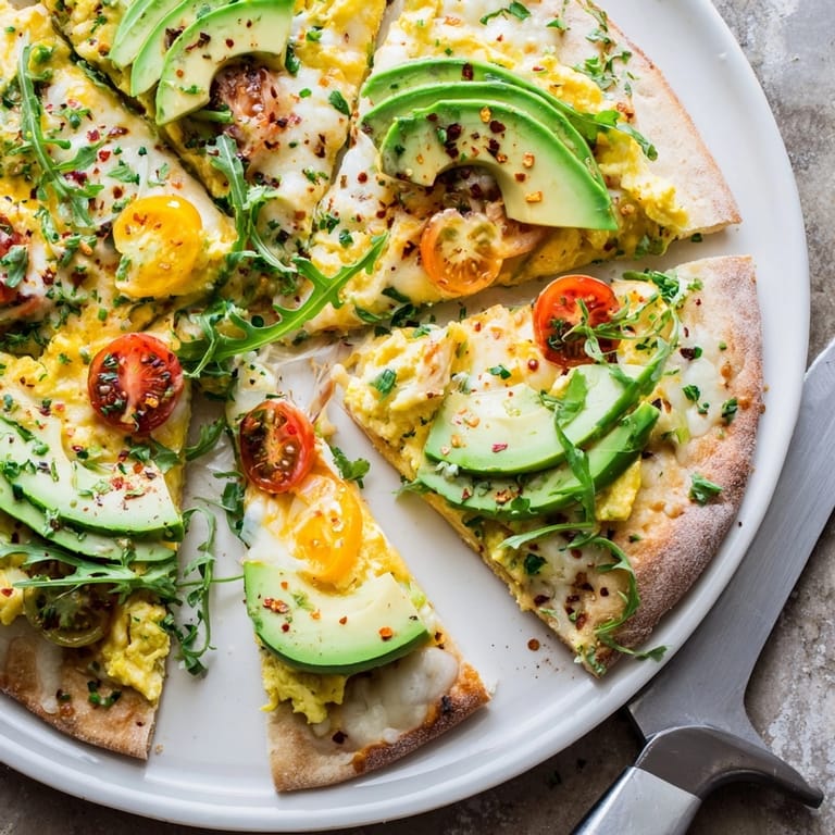 Making a delicious avocado scrambled egg breakfast pizza; see the warm, cheesy perfection.
