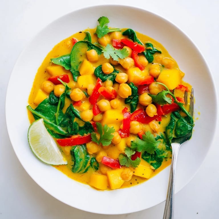 Vibrant Mango Curry Chickpea Skillet, ready to serve with cilantro and lime wedges.