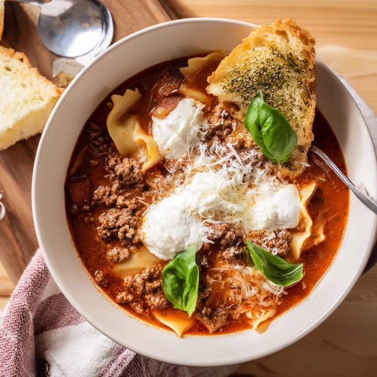 Golden cheesy garlic toast served alongside comforting Lasagne Soup for delicious dipping.  