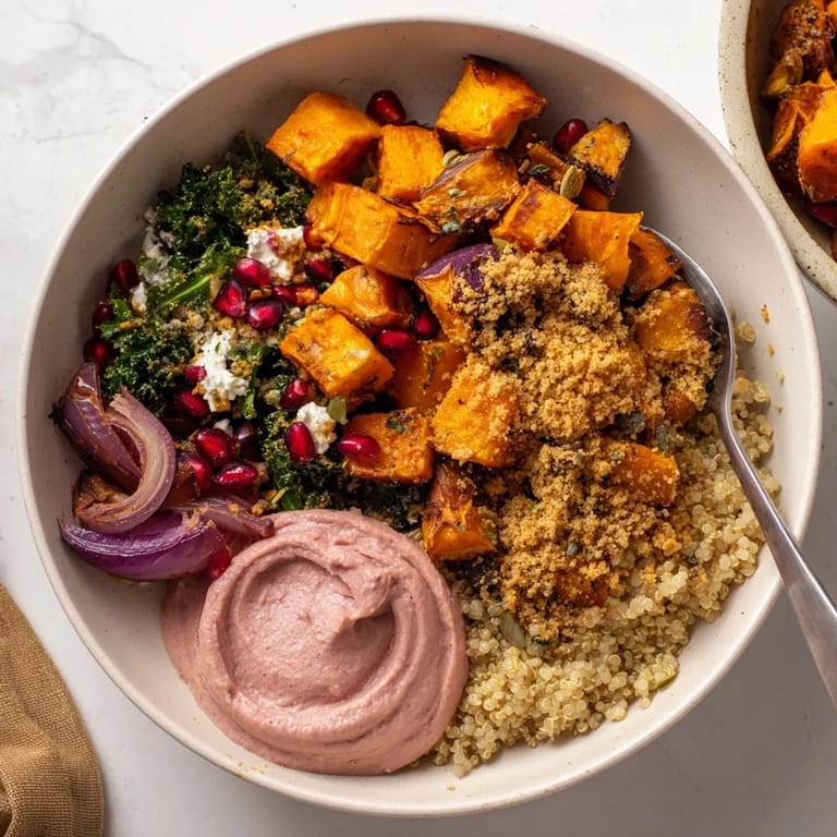 Delicious roasted winter vegetables topped with pistachio-maple crumble and vibrant pomegranate seeds.  