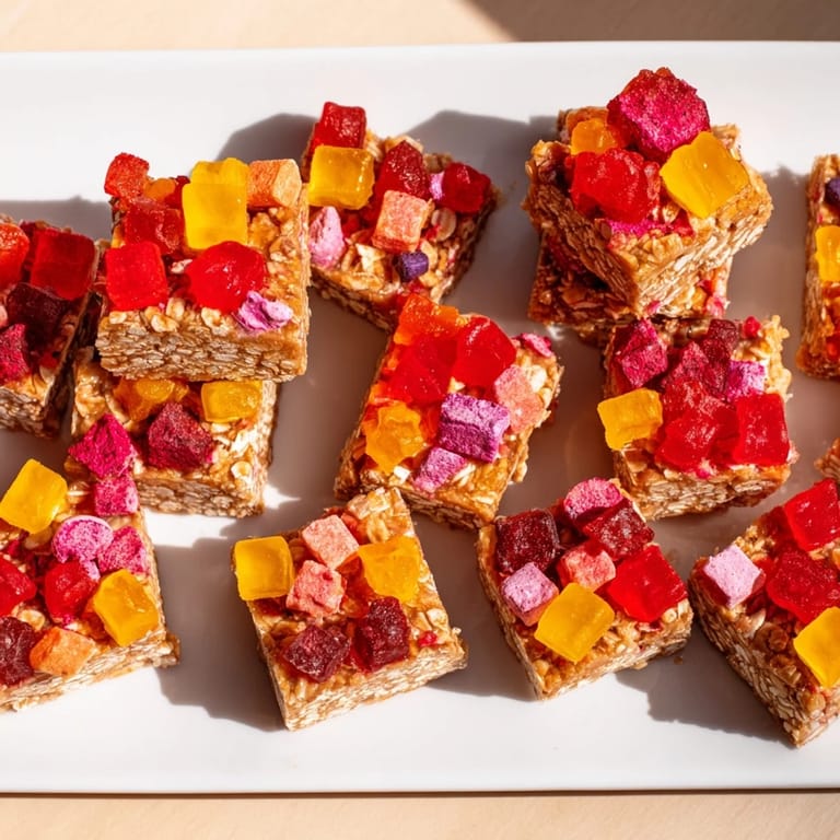 Delicious freeze-dried candy mash-up completes chewy homemade gummy snack bars.