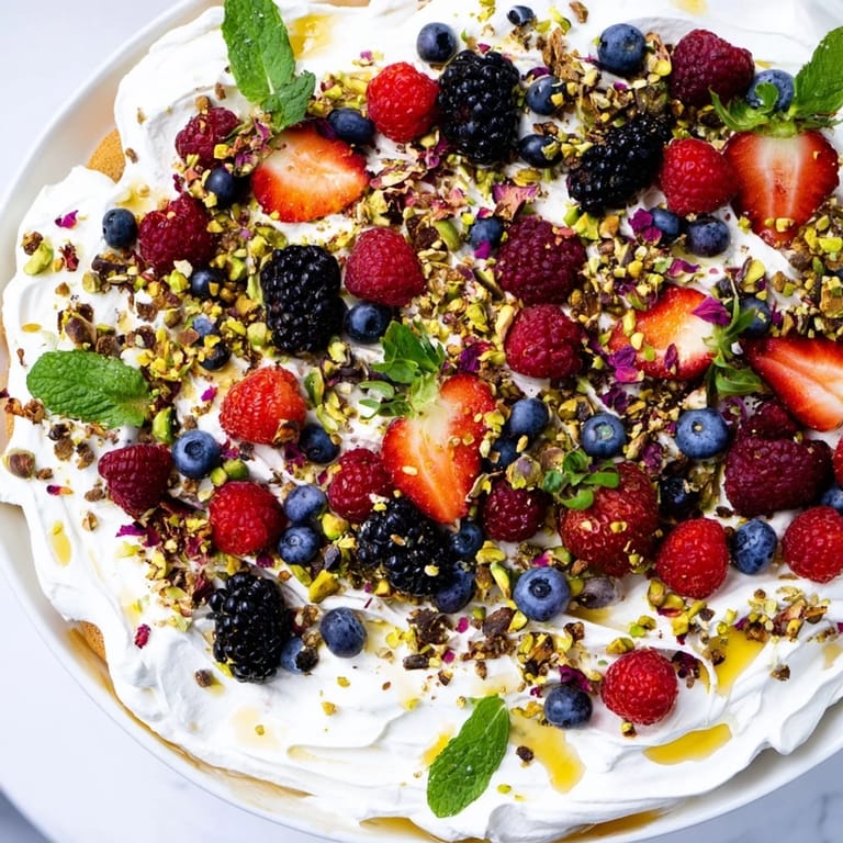 Whipped cream cheese Butter Board Dessert surrounded by colorful mixed berries and nuts.  