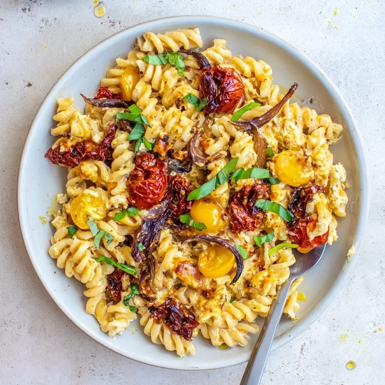 Golden baked feta pasta, bursting with flavors of tomatoes and garlic bliss.