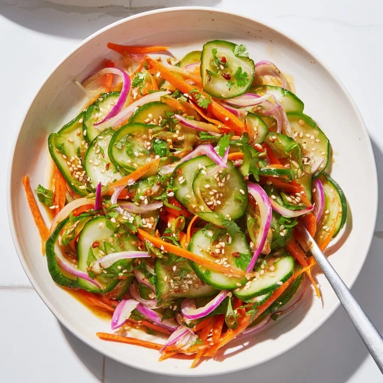 Colorful cucumber salad remix dressed with tangy fish sauce and garnished with sesame seeds.  