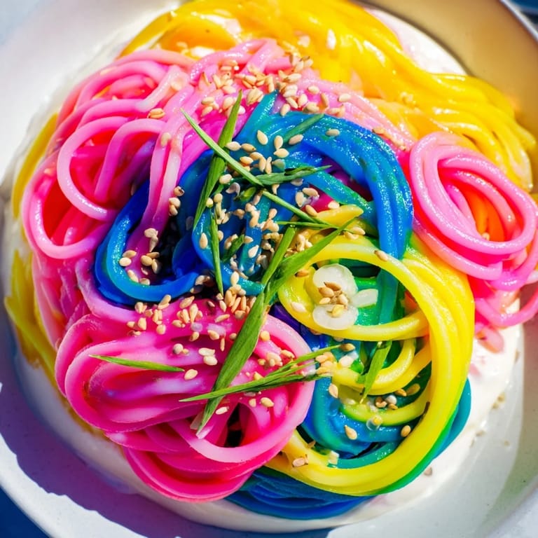 Delightful Neon Noodle Cloud, perfect for parties, garnished with fresh scallions.