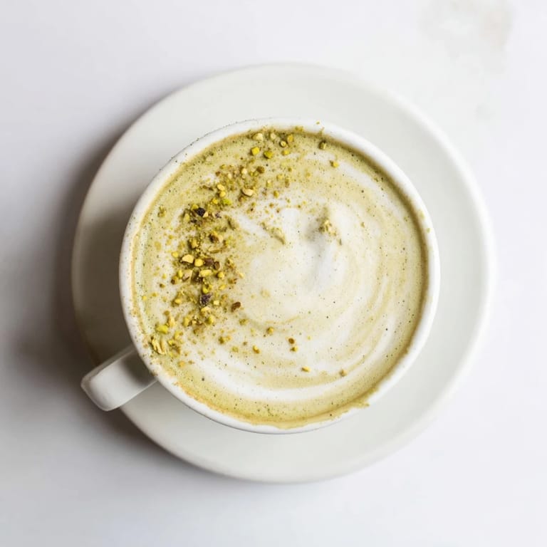 Delicious homemade pistachio milk latte garnished with crunchy pistachios for added texture.  