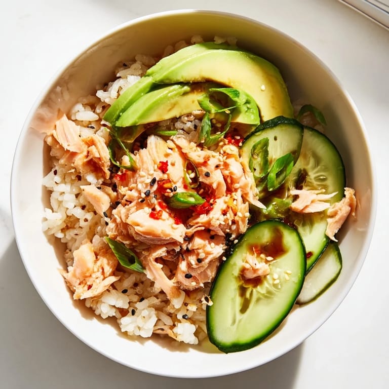 Microwave-steamed leftover salmon & rice bowl, drizzled with soy sauce and scallions.