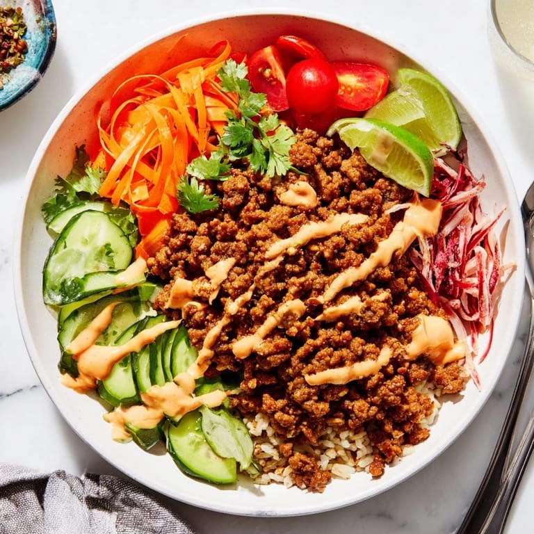 Delicious plant-based meat bowl garnished with creamy avocado and zesty lime wedges.  