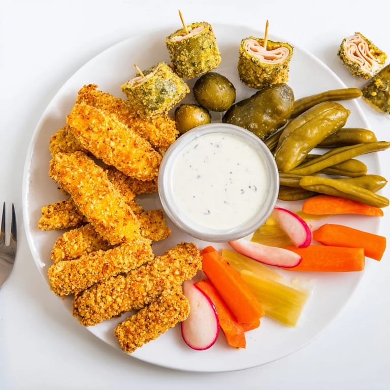 A colorful platter featuring pickled-wrapped bites and assorted tangy vegetables.
