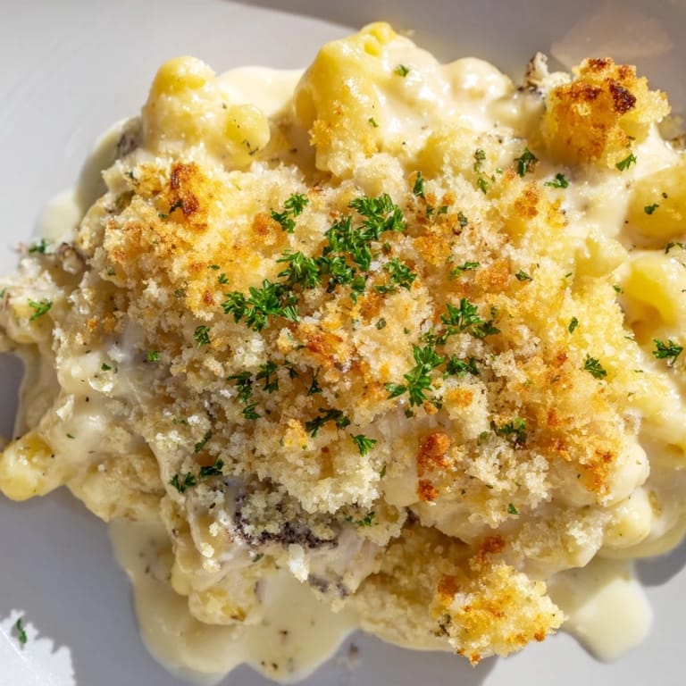 Decadent truffle macaroni and cheese, bubbling and golden, perfect for cozy dinners.  
